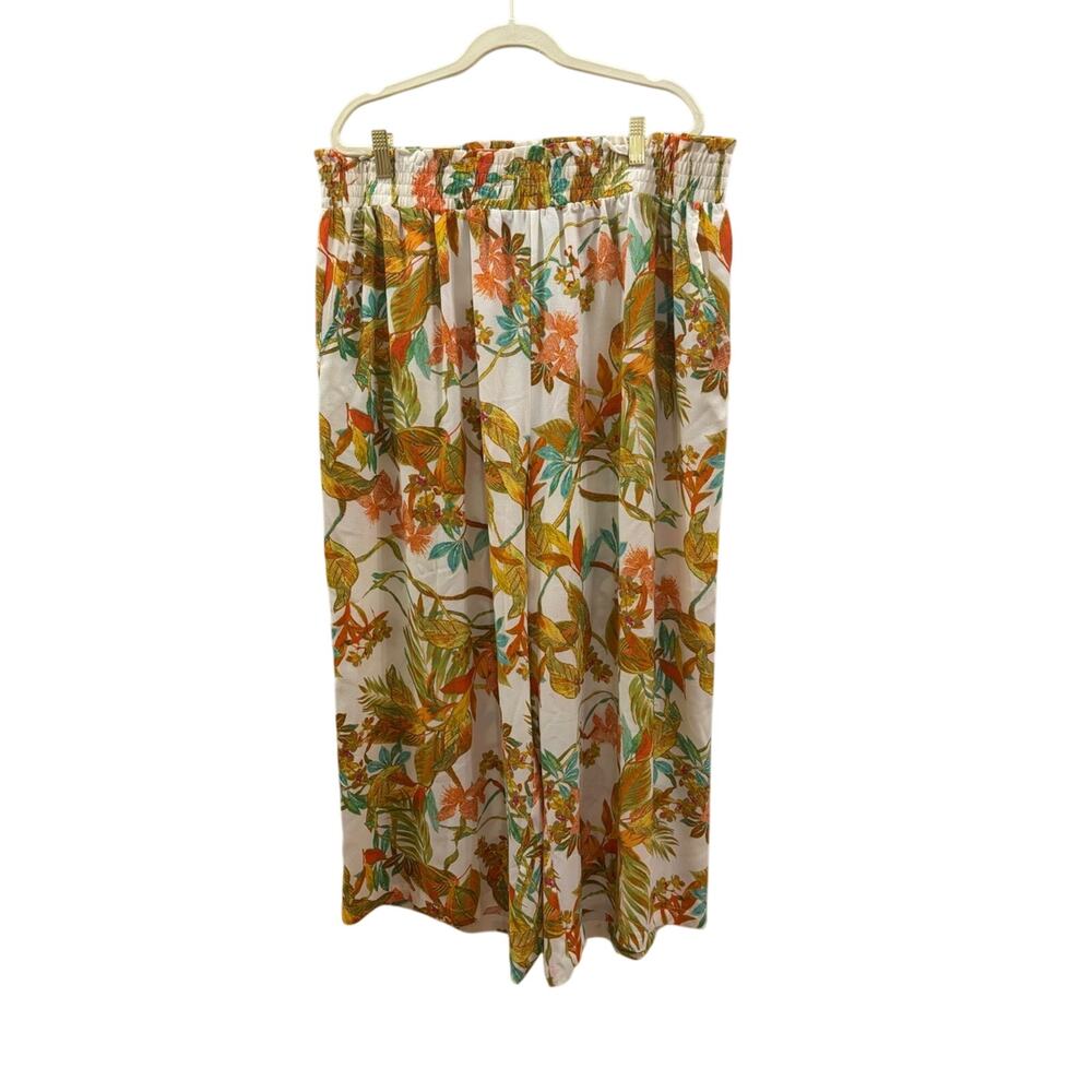 Rose & Olive White wide leg pull on pant with Orange & Green Floral Print